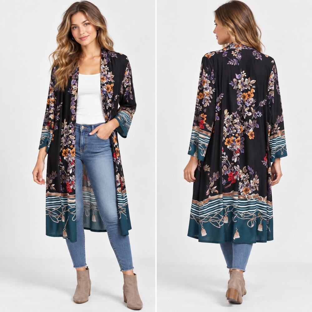 Susan Graver Liquid Knit Long Cardigan Women's Size 3X Black Green Floral Boho